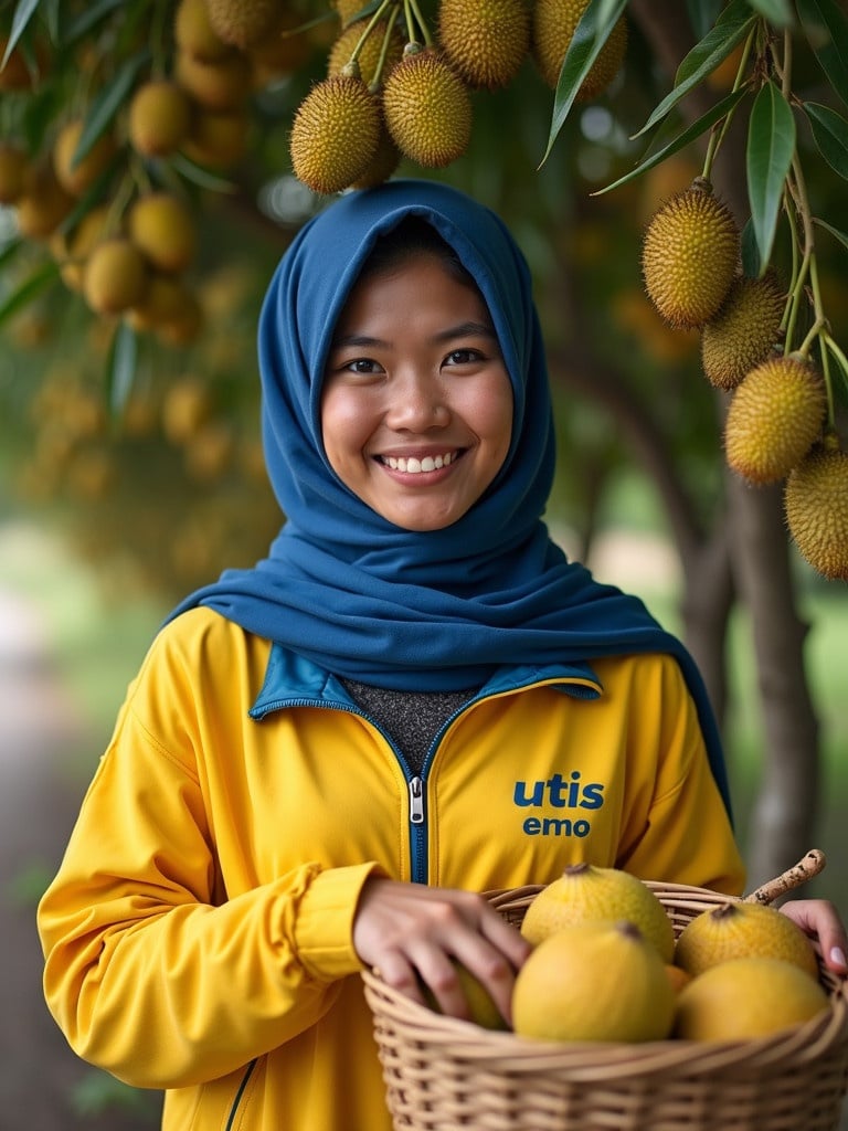 An Indonesian woman poses near a rambutan tree. She holds a basket full of rambutan fruit. She wears a blue scarf and a yellow tracksuit. The scene captures a beautiful rural atmosphere in the afternoon with shade from the trees.