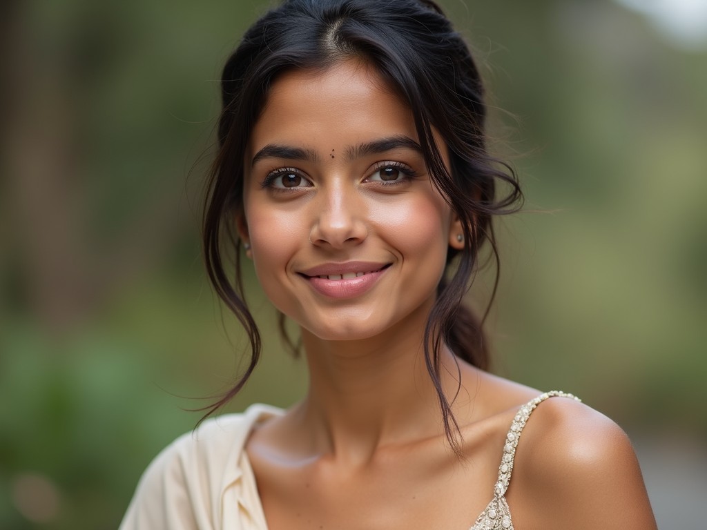 A young woman stands outdoors, her face illuminated by soft, natural light. She wears a textured sleeveless top and has her dark hair styled loosely. Her gentle smile and the serene backdrop create an inviting, calm atmosphere, highlighting her grace and warmth.