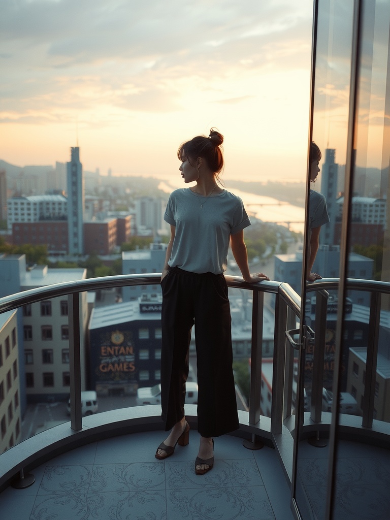 A person stands on a balcony overlooking a cityscape, bathed in the warm glow of sunrise. The lighting casts a soft silhouette against the vibrant sky, while a glass panel reflects the scene subtly from the side. The urban setting is visible in the background, enhancing the serene yet bustling atmosphere of early morning in the city.