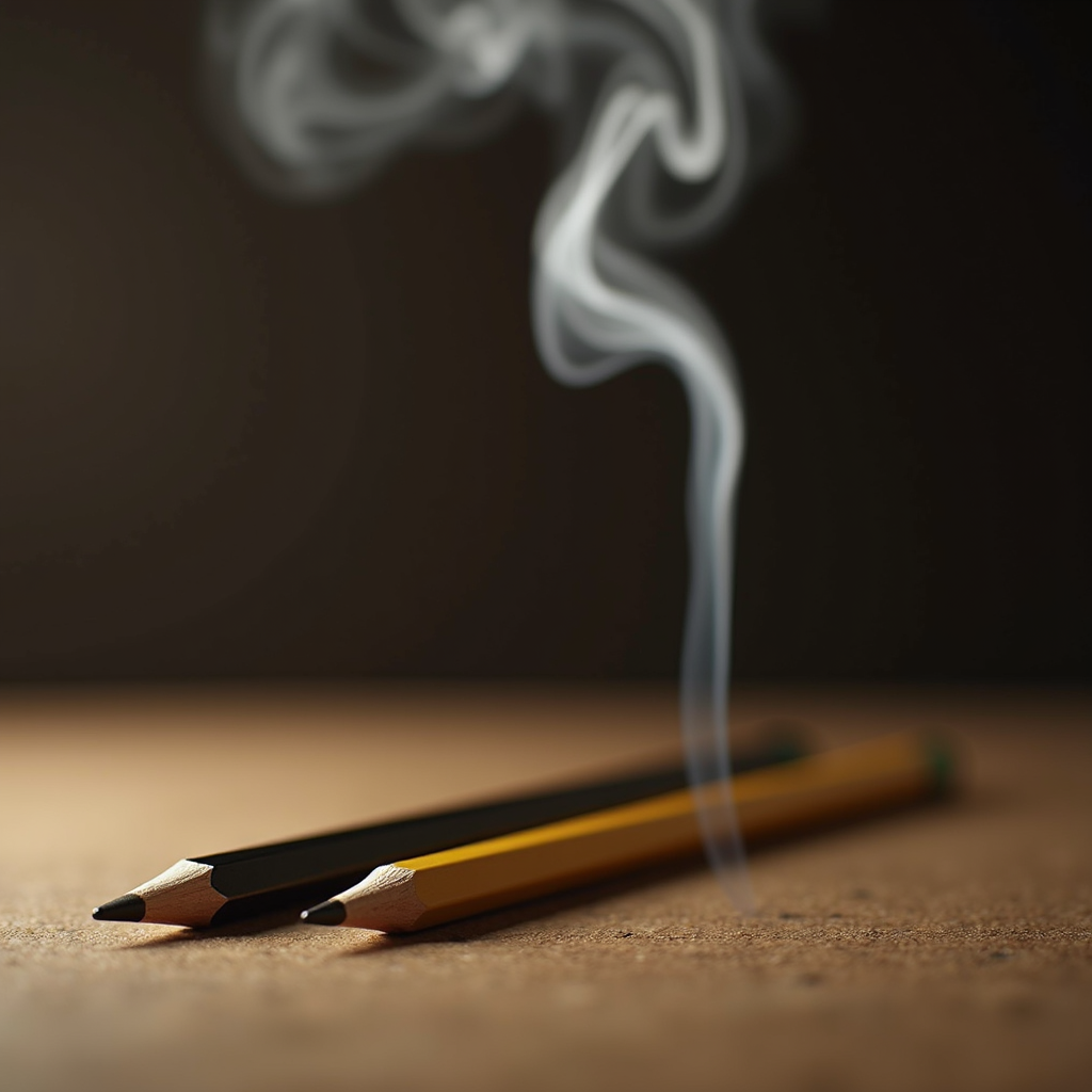 Two pencils rest on a wooden surface with smoke elegantly swirling above them against a dark background.