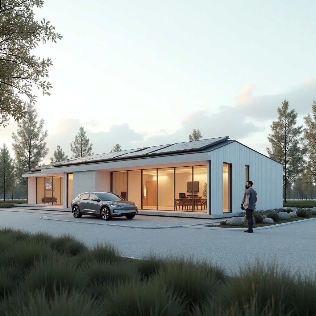 Photorealistic render of a modern Scandinavian commercial building. Features sustainable design and architectural photography. Soft natural light in the late afternoon. Clean architecture with solar panels. Energy storage containers arranged on property. Landscape includes birch trees and decorative stones. Adds human element with professional worker.