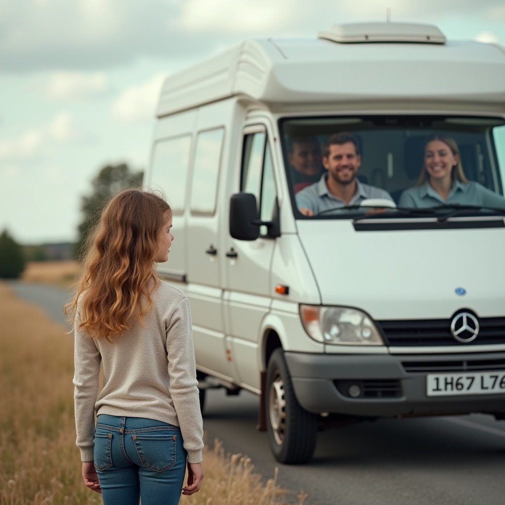 A young girl stands beside a white van on a rural road. The girl appears hesitant. Inside the van, a couple smiles. The road is empty and tranquil. Surrounding scenery is open and natural. Soft daylight illuminates the scene.