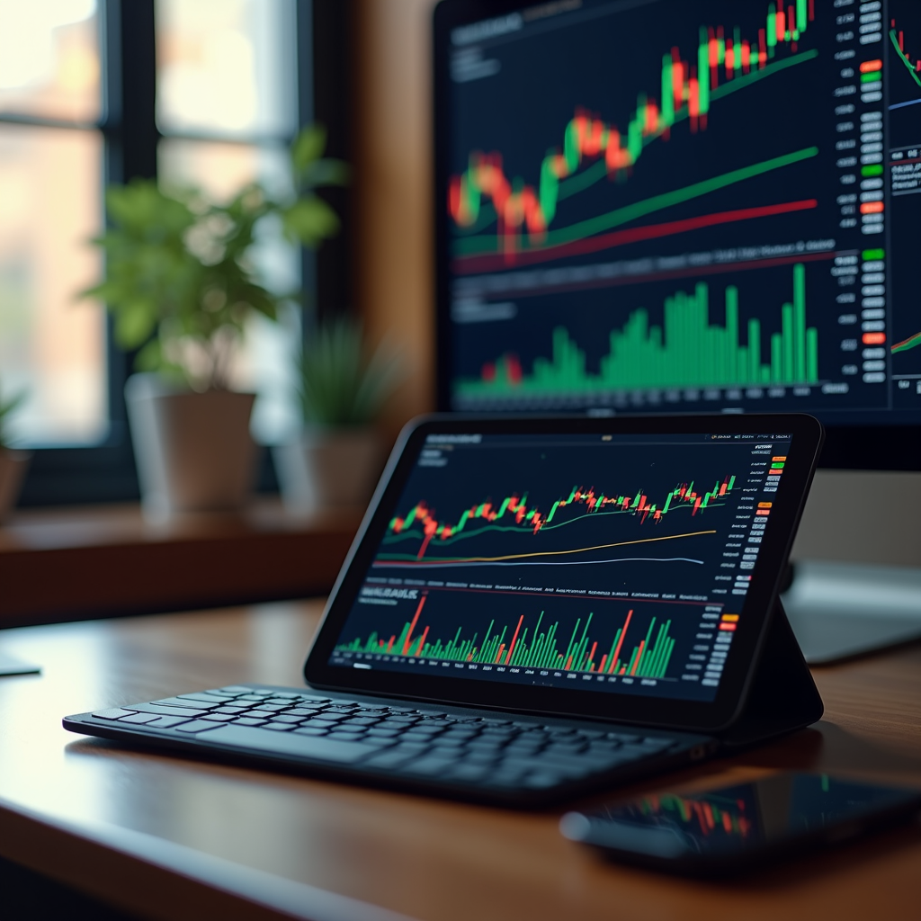 A tablet and monitor display stock market charts in a well-organized home office with plants and natural light.