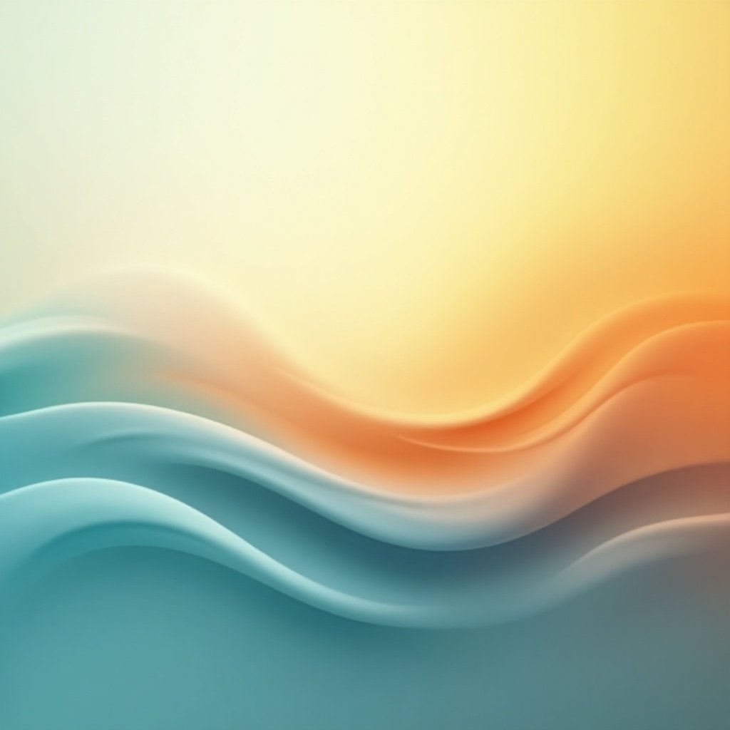 Image features a soft ambient background with soothing colors, Main color is calming teal blending into warm golden yellows and deep oranges, Texture adds depth while remaining smooth, Great for professional and creative projects, Fluid blend of blue and orange waves flows seamlessly, Colors presented in equal proportions for balance, Design is abstract evoking calm and movement, Soft gradient lighting enhances soothing effect, Ideal for backgrounds and wallpapers.