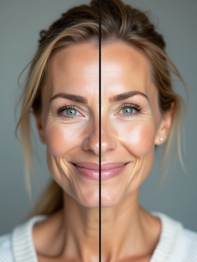 Image showing before and after scenarios of an anti-aging treatment on a mature woman. The first image displays a neutral expression. The second image shows a smiling face reflecting the results after treatment.