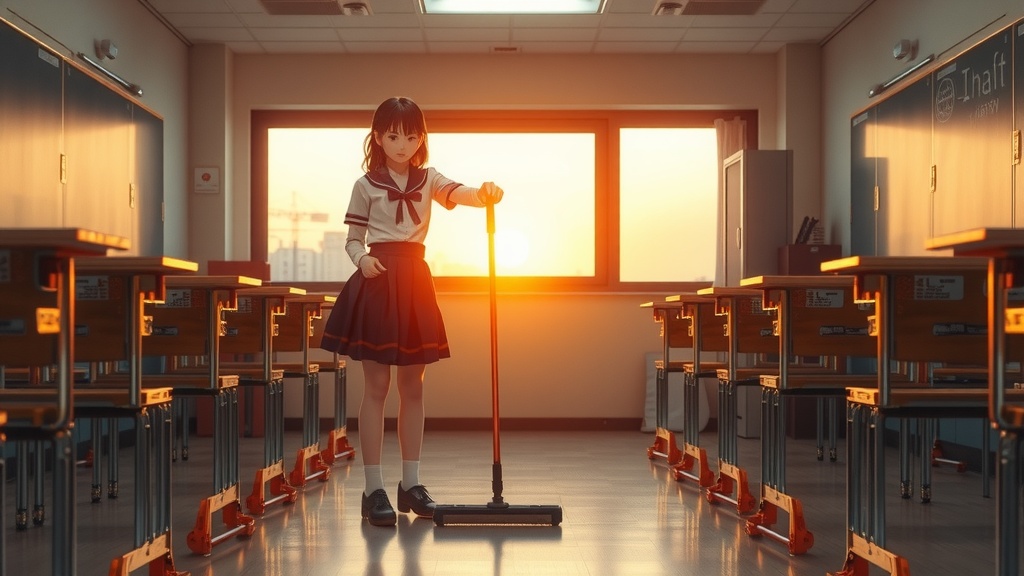 In a warm-lit classroom, a young anime girl in a sailor-style school uniform stands poised with a broom. The sun sets through the window, casting a golden hue across the empty desks lined neatly in rows. The serene scene evokes a sense of tranquility and dedication, as the girl engages in her cleaning duty, perhaps at the end of a school day.