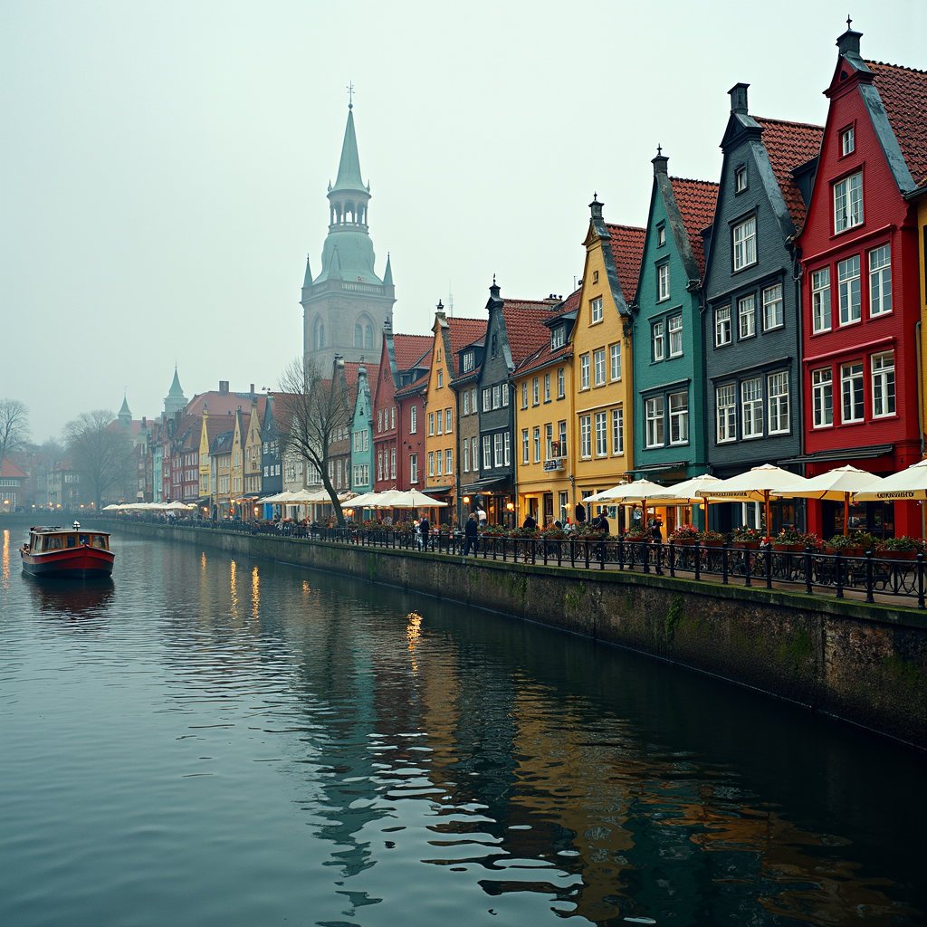 A misty European canal lined with colorful gabled buildings and a passing red boat, reflecting the historical charm of the scenery.