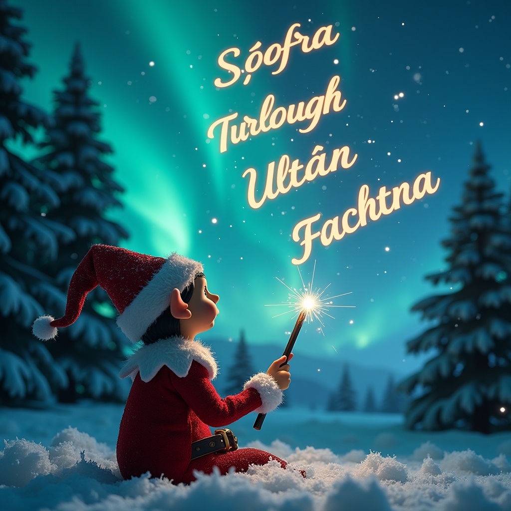 The image features an elf on the shelf, sitting with its back to the viewer and looking at a sky filled with northern lights. The elf is using a magical wand to write names in the sky. Surrounding the elf is a winter wonderland, with snow covering the ground and evergreen trees in the backdrop. Above the elf, the names 'Síofra', 'Turlough', 'Ultán', and 'Fachtna' are elegantly written in sparkling light. The scene creates a whimsical and festive atmosphere, embodying the magic of the Christmas season.