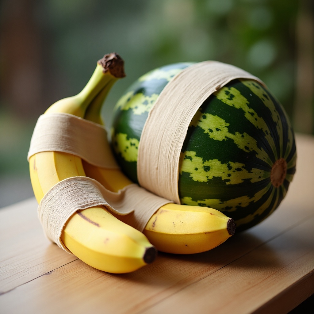 A banana and a watermelon wrapped in beige bandages placed on a wooden table.