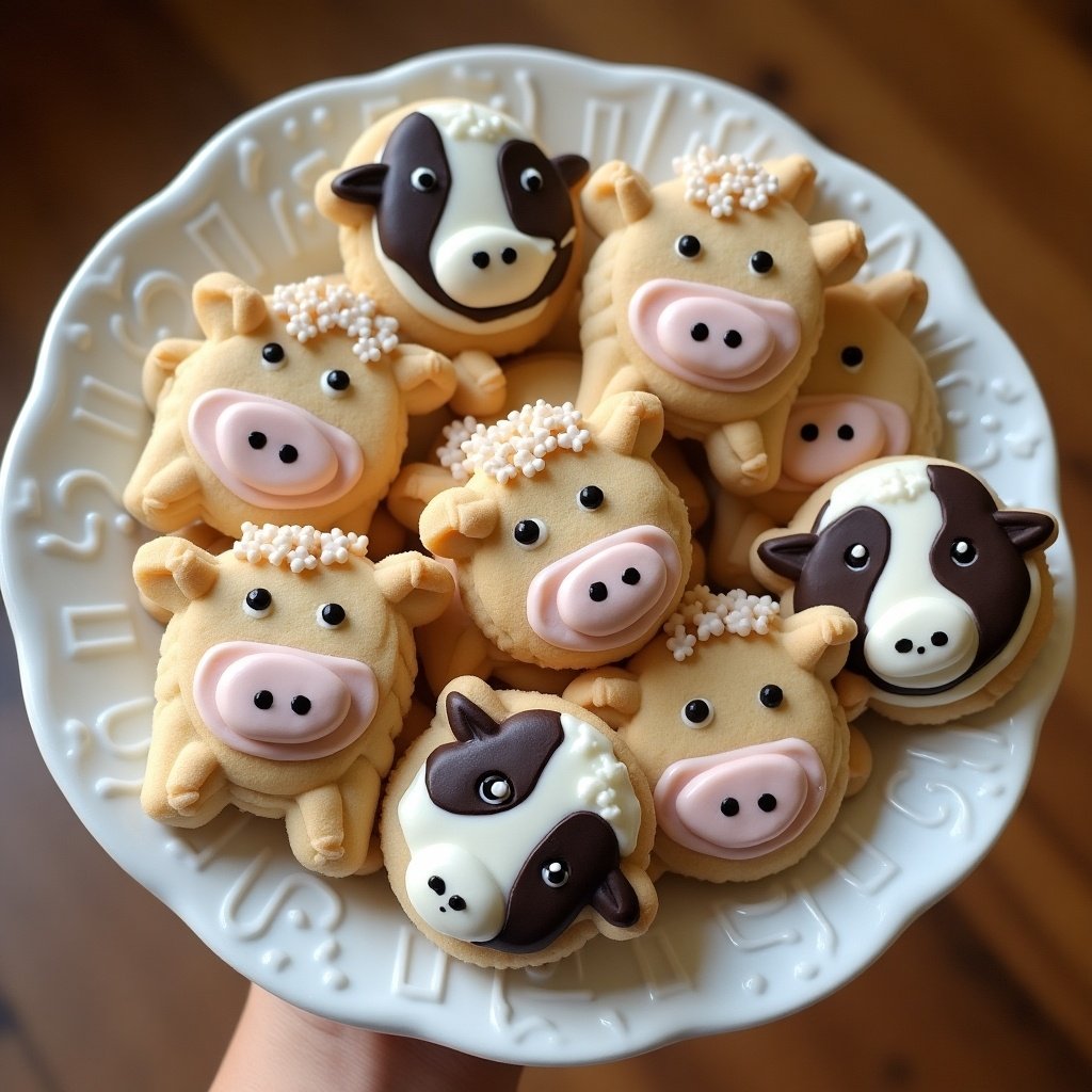 Plate of cookies in the shape of livestock. Cookies have cow designs with various colors and decorations. The arrangement is cheerful and inviting.