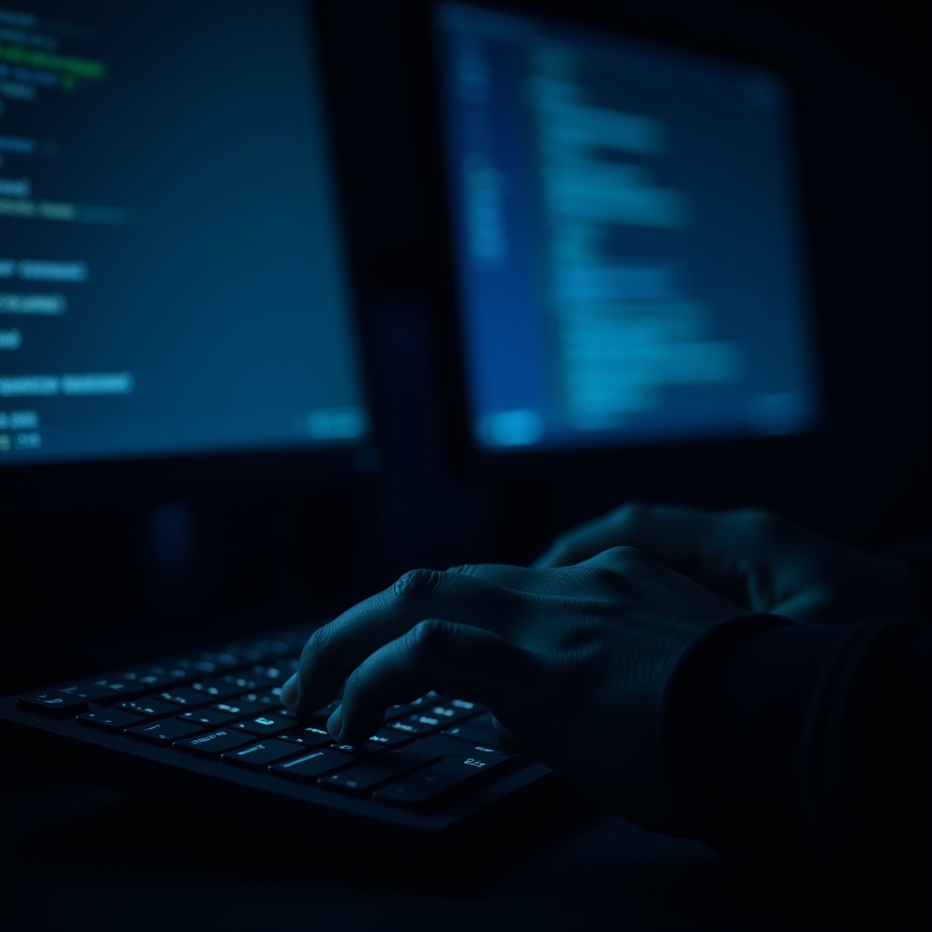 A pair of hands typing on a keyboard in a dimly lit room with monitors displaying lines of code.