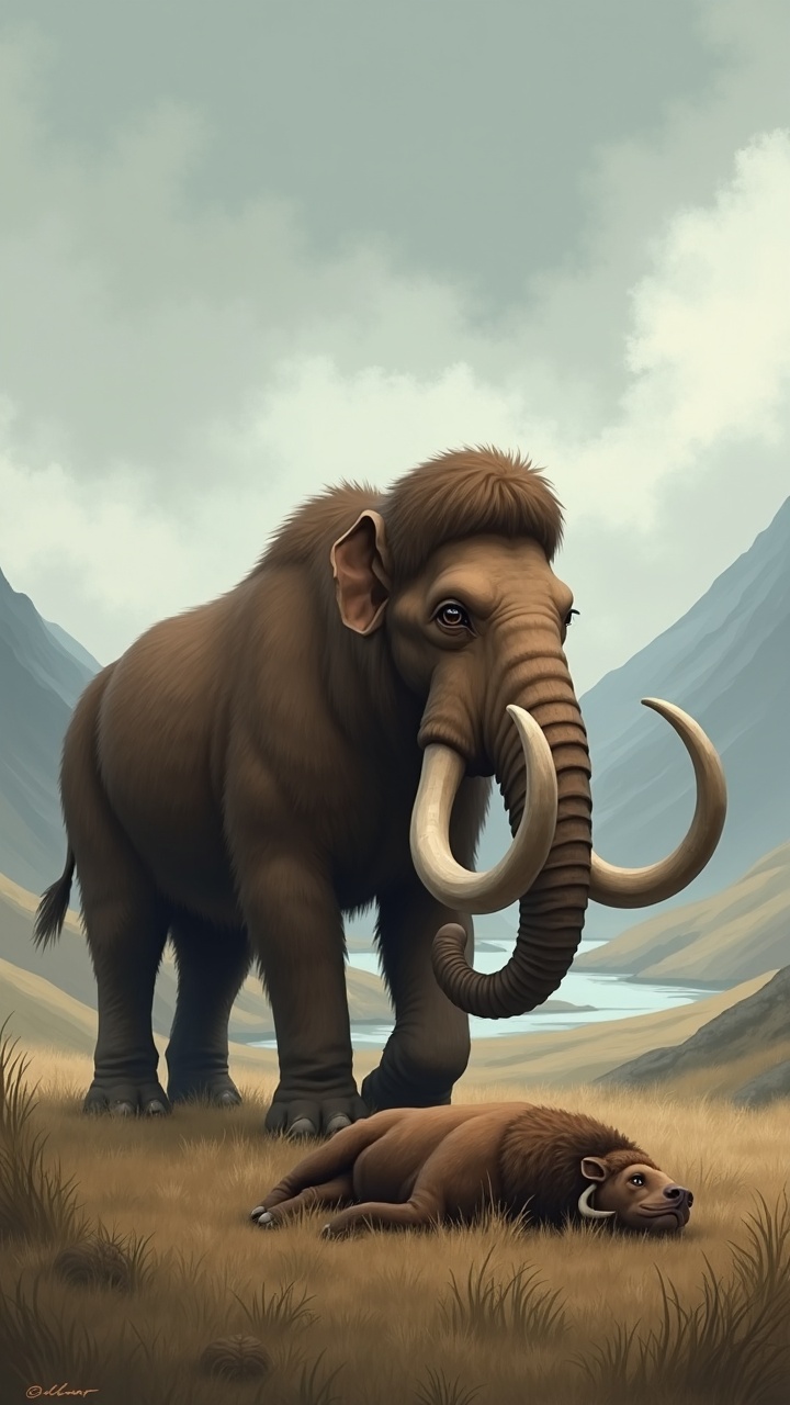 The image depicts a woolly mammoth standing majestically in a prehistoric landscape with a young calf resting nearby. The mammoth's towering presence and its distinct tusks highlight its grandeur as it stands against a backdrop of rolling hills and a calm, cloudy sky. The scene evokes a sense of nostalgia for a time when such magnificent creatures roamed the Earth.