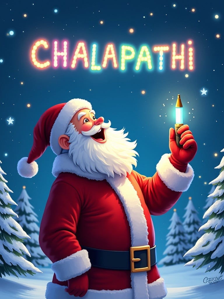 Christmas-themed illustration of Santa Claus looking up joyfully. Santa writes name CHALAPATHI in colorful lights. Scene has snow-covered trees. Santa dressed in classic red and white outfit. Holding glowing pen. Background features twinkling lights.