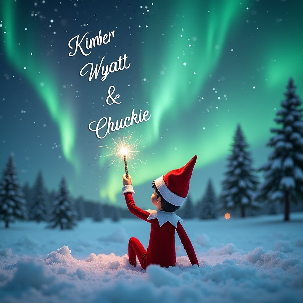 An elf on the shelf is sitting in snow with back to the viewer. Elf looks up at the night sky, writing 'Kimber Wyatt & Chuckie' with a magic wand. Northern lights illuminate the scene, creating a festive atmosphere. The elf's red outfit contrasts with the white snow. Winter magic fills the air.