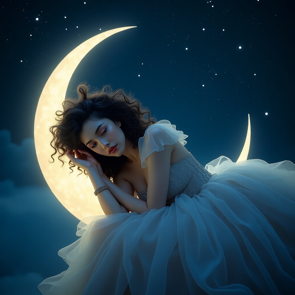 Enchanting night scene with a woman resting on a glowing crescent moon. Celestial theme with twinkling stars in the indigo sky. Dreamlike atmosphere with a mystical vibe.