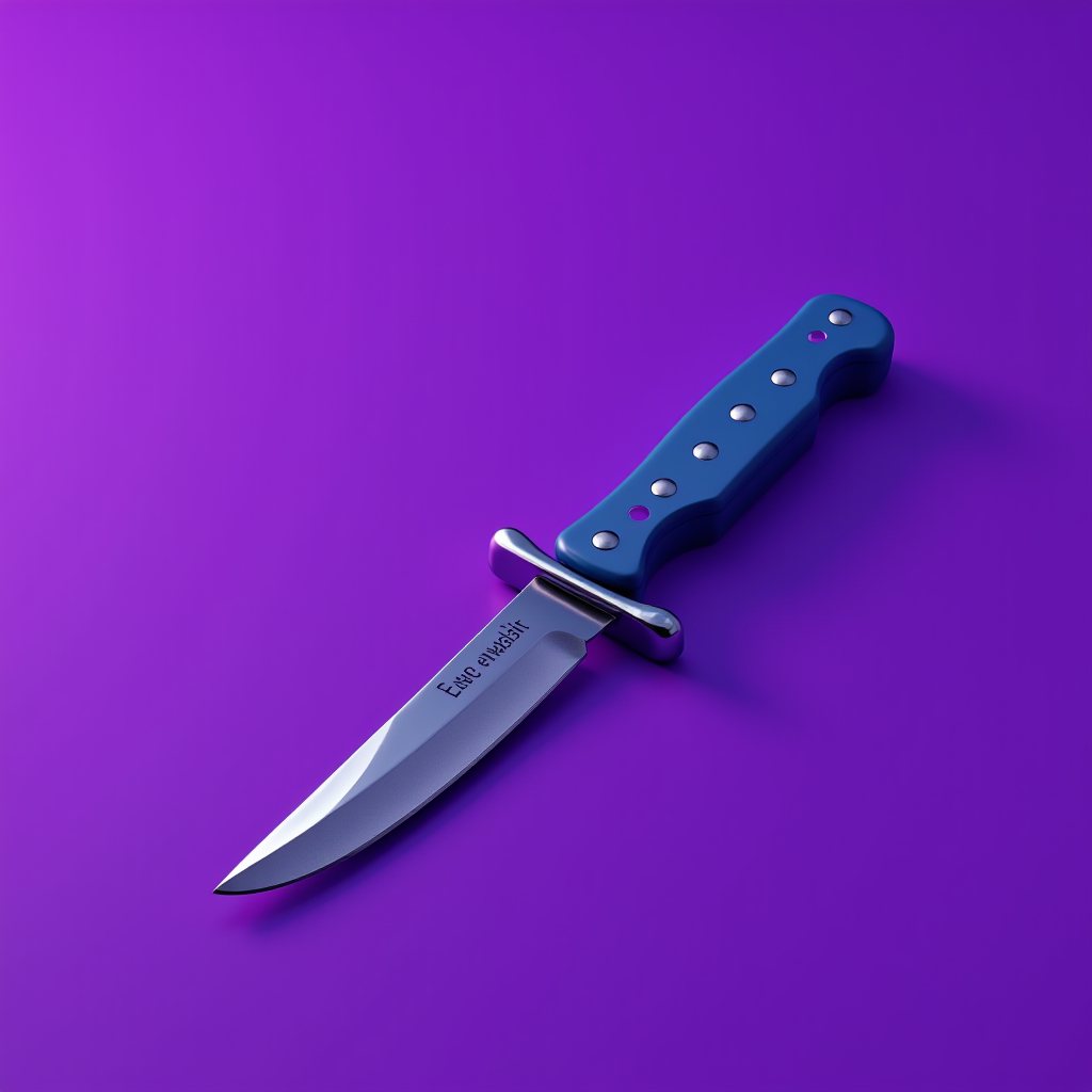 A sharp knife with a blue handle rests on a vibrant purple background.