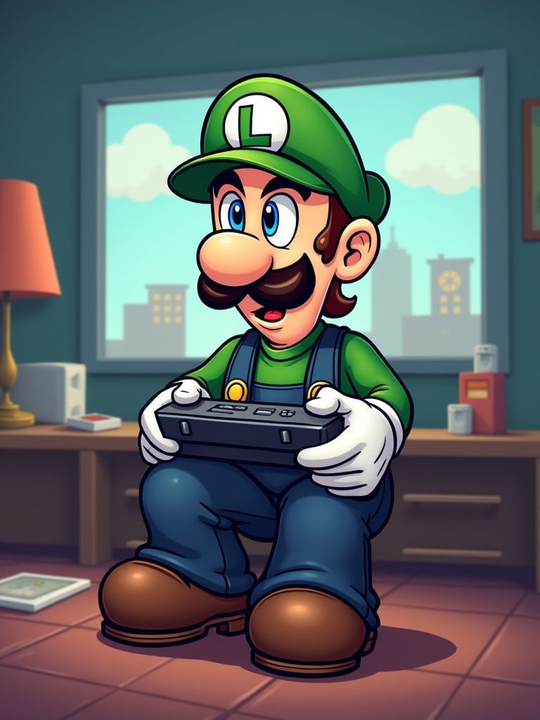 Cartoon character Luigi plays video games. He has a green cap and overalls. The environment has a window showing the city. There is a table with gaming consoles and a warm light from a lamp.