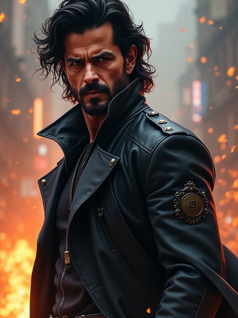 Create concept art of a superhero. The character wears a stylish leather jacket. The backdrop shows flames and urban setting. Focus on an intense heroic pose.