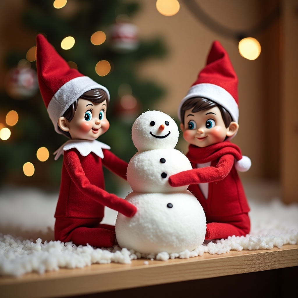 Two cheerful elves create a snowman. Elves wear red and white outfits. Snowman has a friendly smile and a red scarf. Scene in the North Pole. It captures holiday spirit with warmth and joy.