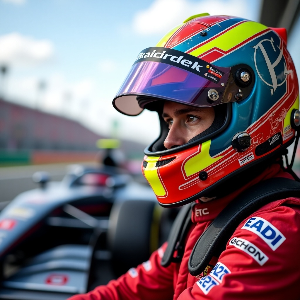 A racing driver wears a colorful helmet. The driver is preparing to race, focused on the track. The surrounding environment has a racetrack atmosphere. Natural light enhances the scene.