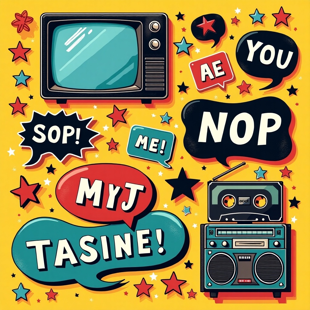 Collage design in retro pop art style. Features speech bubbles and vintage items like a TV and cassette tape. Typography is playful with bold letters and colorful bubbles. Includes decorative stars and lively composition.