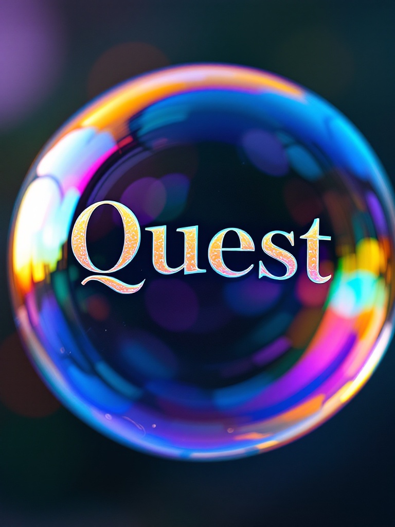 Close-up image of a delicate soap bubble. Surface shimmers with iridescent colors. The word Quest is reflected on the bubble. The background is softly blurred to emphasize details.