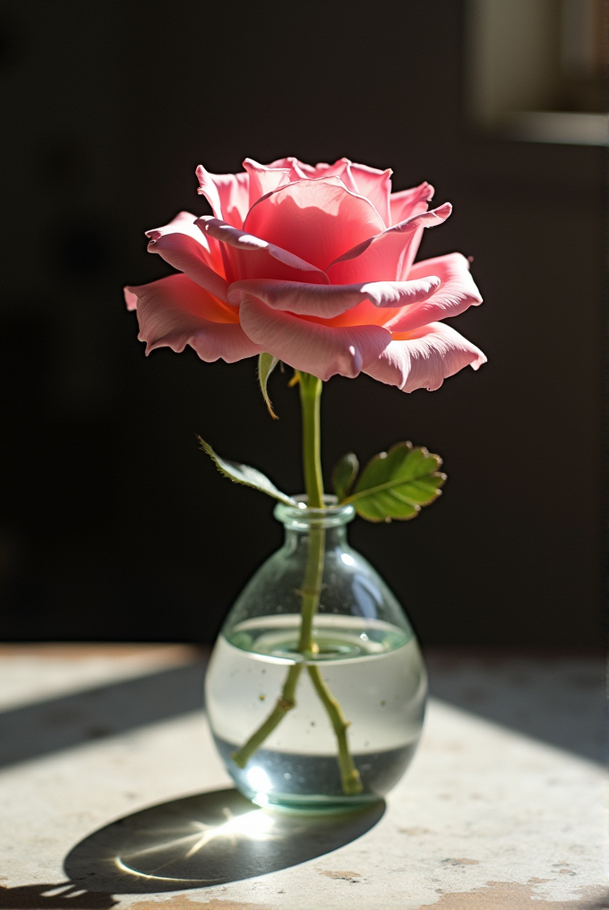 A pink rose stands gracefully in a small, clear glass vase filled with water.