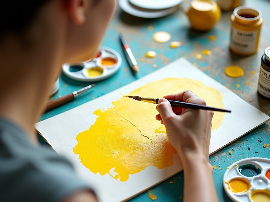 A person is painting with a vivid yellow color on a canvas, surrounded by various art supplies such as brushes and paint jars. The table is cluttered with other painting tools and the focus is on the hand holding a brush, applying paint delicately. The atmosphere is calm and creative, with a subtle depth-of-field effect that brings the painted canvas to the forefront.