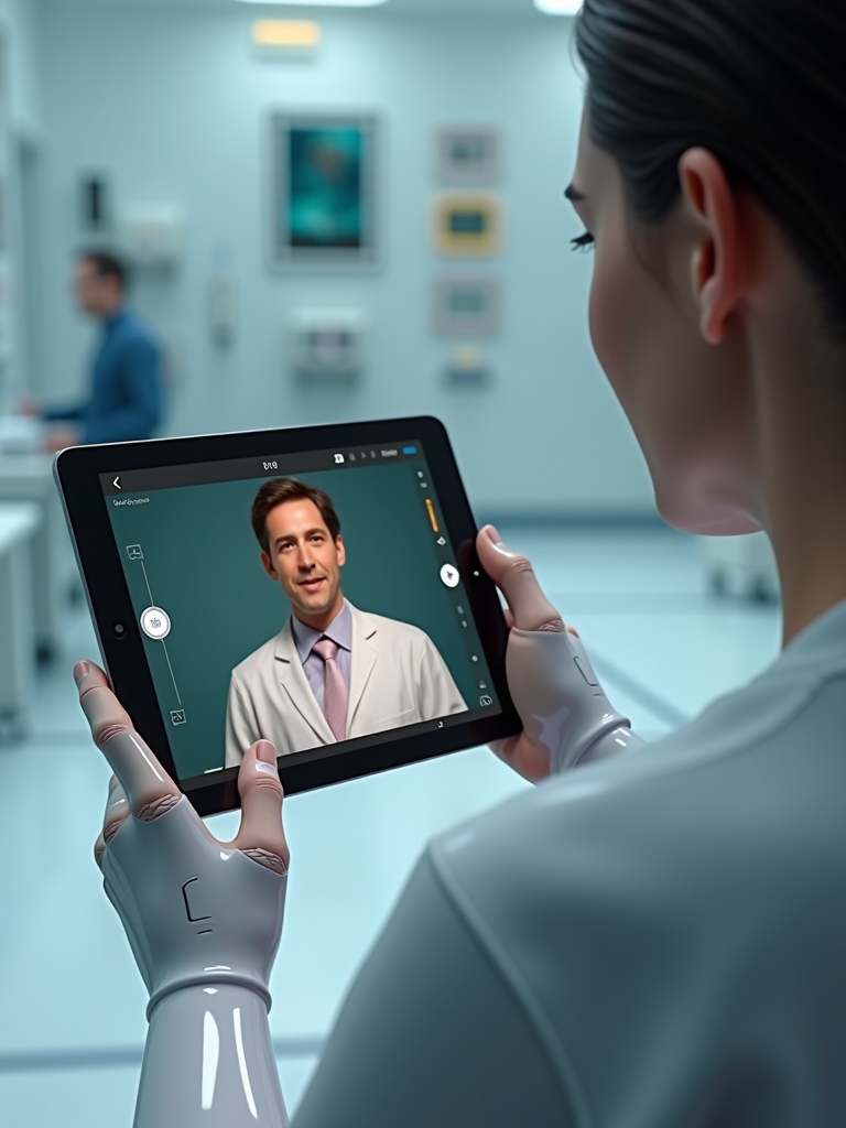 A person with cybernetic arms holds a tablet, displaying a video call with a medical professional in a clinical setting.