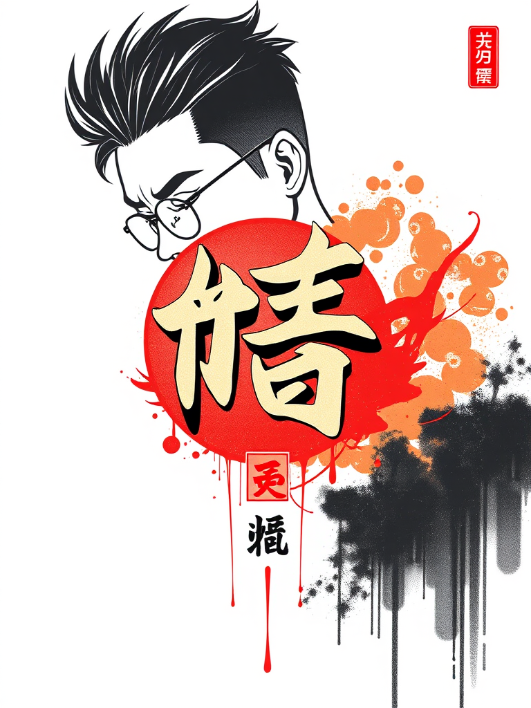 A stylized portrait of a person in glasses against a vibrant, abstract background with bold Chinese characters.