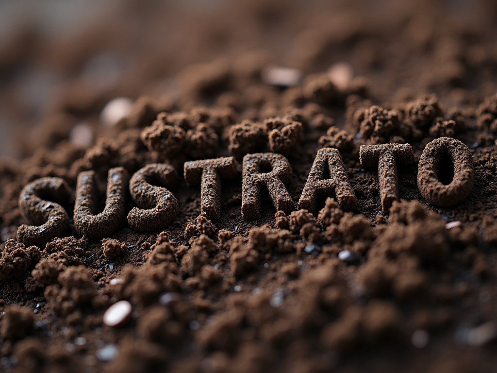 This image features a close-up view of rich, dark soil. The word 'SUSTATRO' is distinctly formed within the soil, standing out with its textured depth. Soft lighting highlights the clumps and finer grains making up the soil. The focus on the word emphasizes its significance in gardening and plant health. This composition invites viewers to appreciate the beauty and importance of soil in nature.