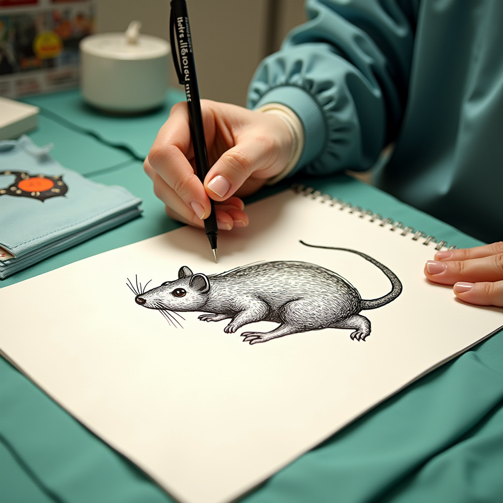 A person is drawing a detailed and realistic sketch of a rat on a spiral-bound sketchpad.