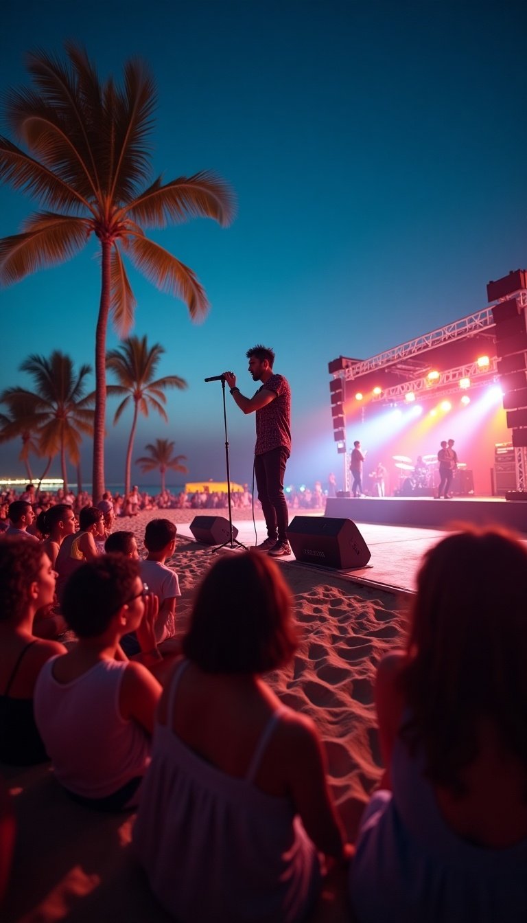 Highly realistic scene showing male singer performing on a brightly lit concert stage at a beach in Banda Aceh. Singer holds microphone while engaging audience. Vibrant lights and instruments on stage. Energetic crowd cheering in the background. Beach features palm trees and gentle waves under a night sky. Atmosphere is electric, showcasing connection between performer and audience.