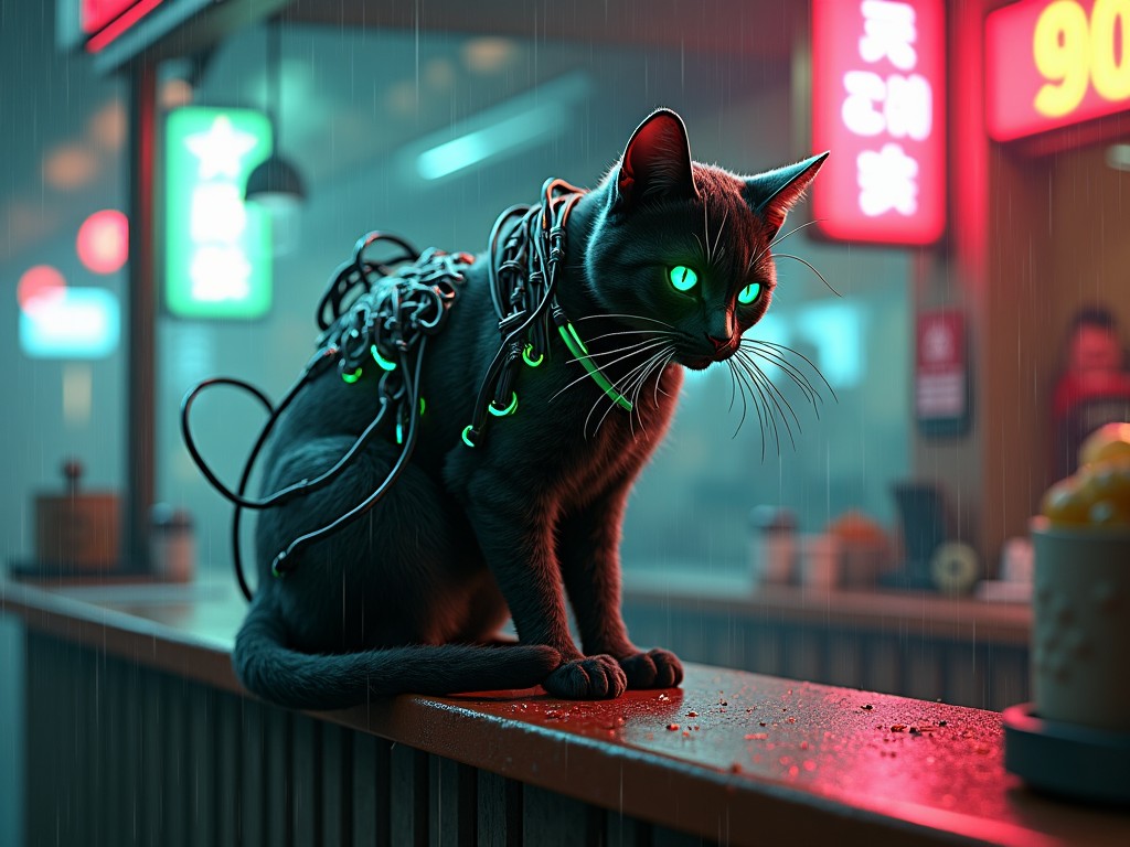 A cyberpunk-style digital art depicting a futuristic cat with glowing neon eyes and cybernetic enhancements, sitting on a ledge in a vibrant urban alley. Neon signs and rain set the moody atmosphere.