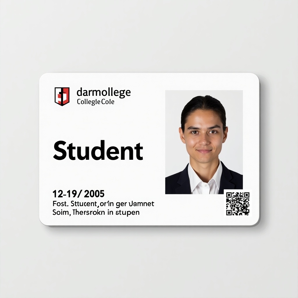 This image displays a student ID card from a German college. The card is white with bold text highlighting the word 'Student.' It includes a birth date of 12/19/2005 and features a QR code linking to personal data. The layout is professional, typically seen in college ID cards, presenting a serious academic tone.