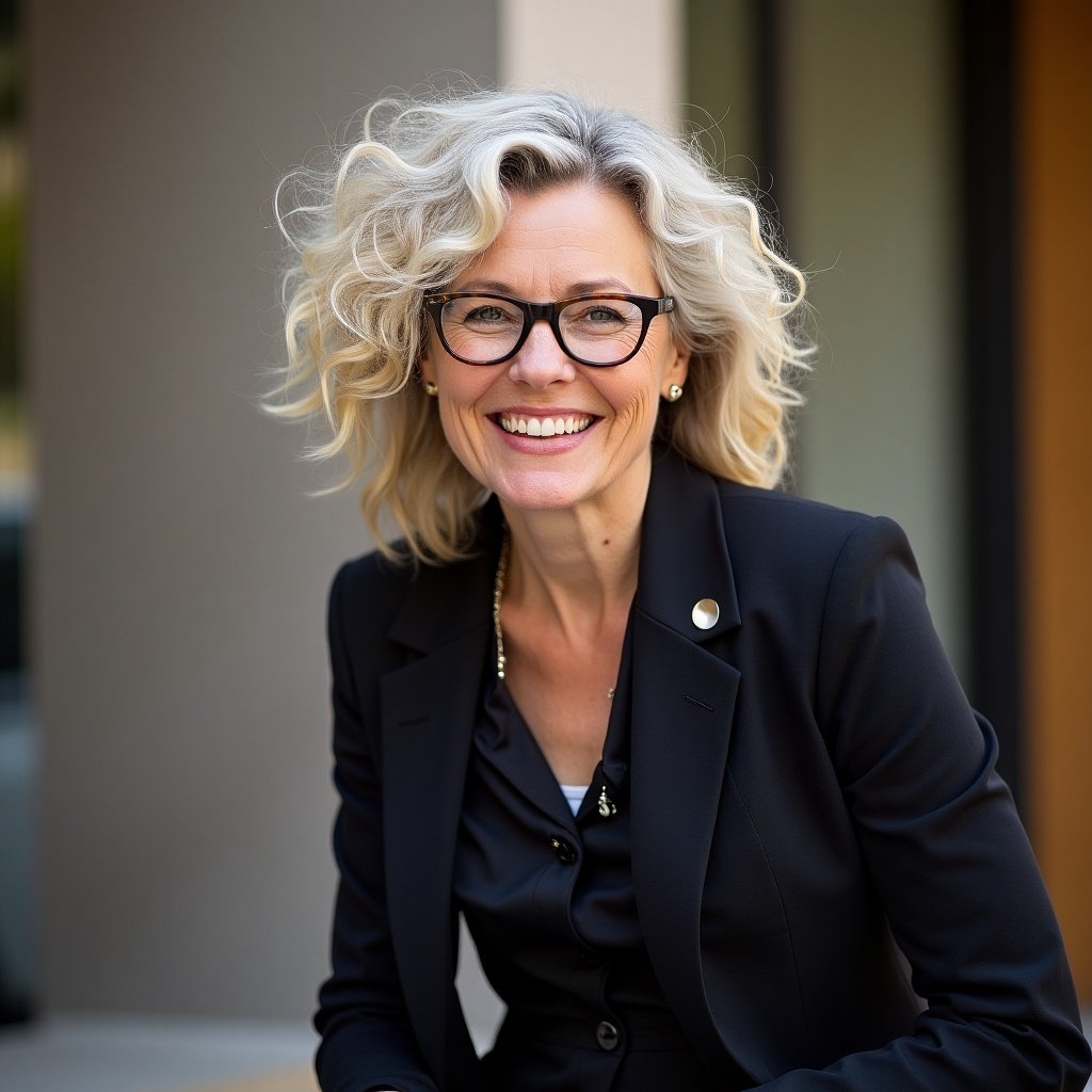 Portrait of a smiling woman with curly hair and glasses. She wears a black suit and appears confident and approachable. Background is outdoors with warm natural light.