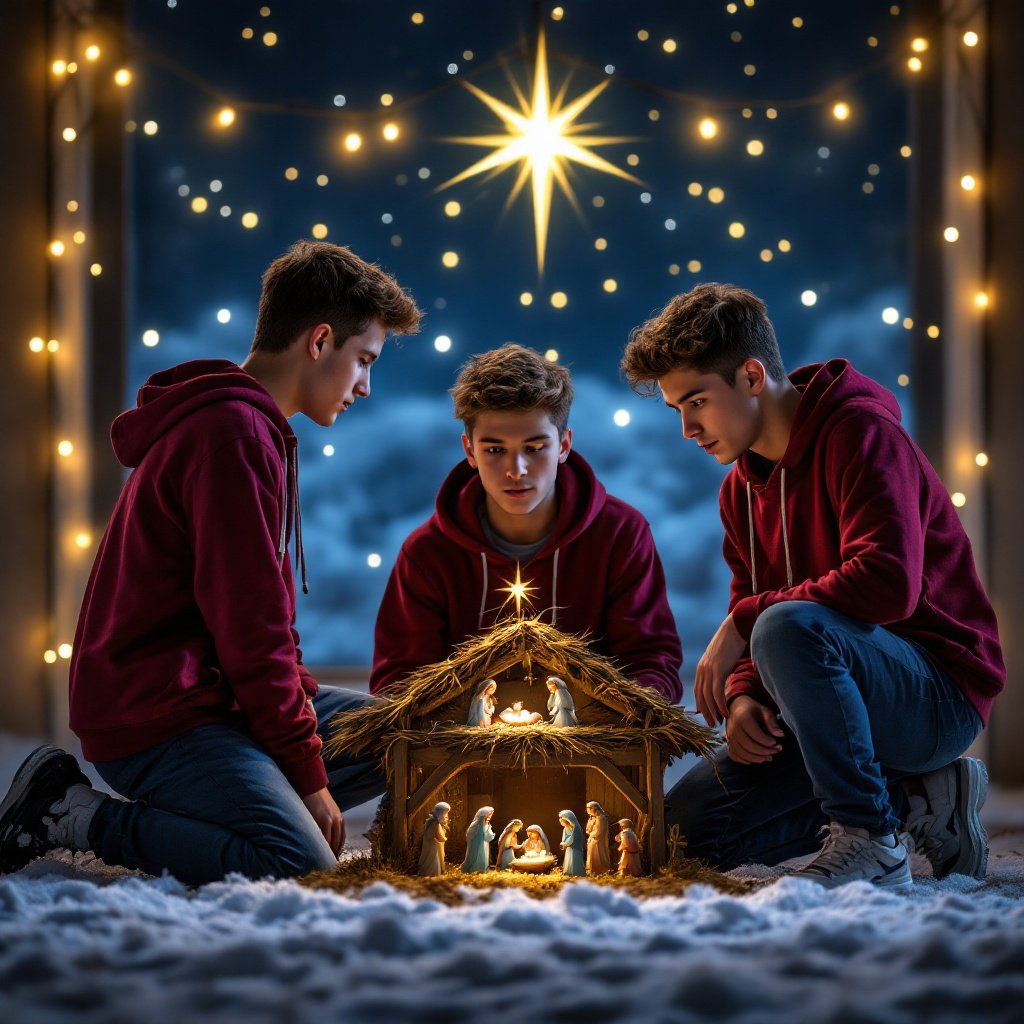 Three boys in maroon hoodies kneel and stand by a Christmas manger scene. A radiant star shines above. Soft light illuminates the scene. Snow covers the ground. Warm and festive atmosphere.