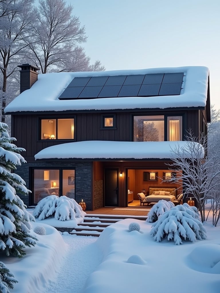 Winter themed luxury home with solar panels and an EV charger. Surrounded by snow. Warm glow emanating from interior of house. Trees and snow-covered bushes in foreground.