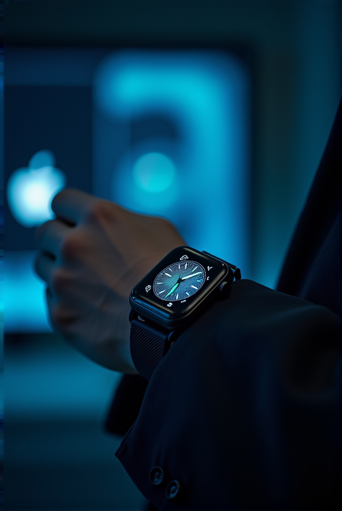 A person wearing a sleek black smartwatch in dim, blue-tinted lighting, with a blurred screen in the background.