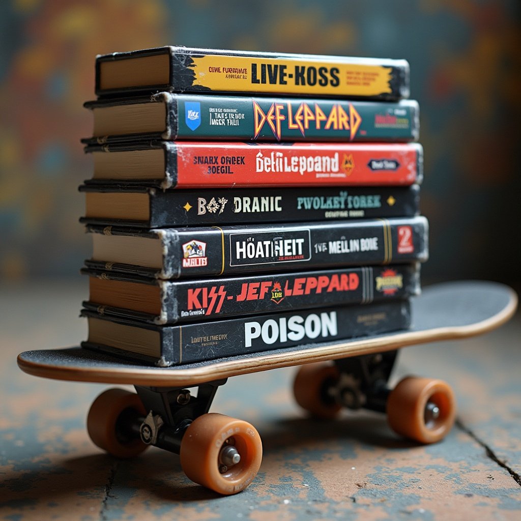 Stack of cassette tapes featuring Kiss, Def Leppard, and Poison on a skateboard marked as Dave’s 80s mix.