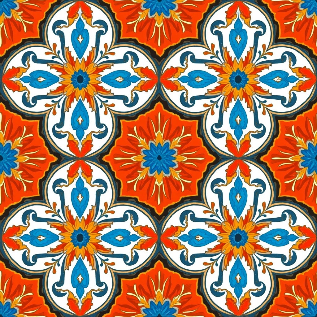 Unique Arabesque Pattern features floral motifs and intricate details. Bright colors with symmetrical design highlight the visual impact.