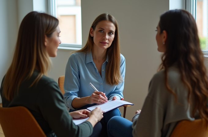 Three women are sitting in a room having a conversation, with one taking notes.