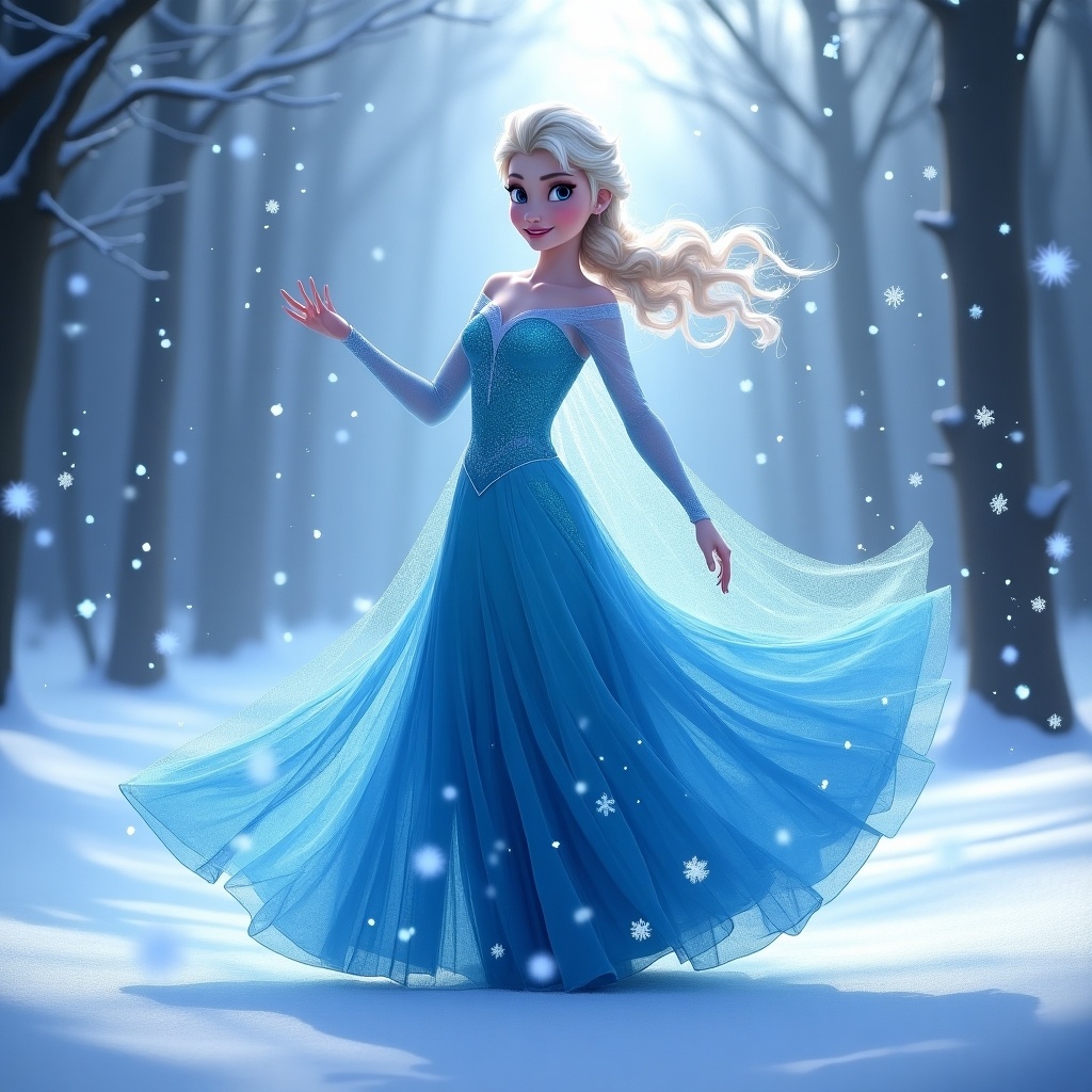 Image of a character from animated film. Character in blue dress dancing in winter landscape. Snowflakes around. Soft lighting enhances atmosphere. Magical feel of the scene.