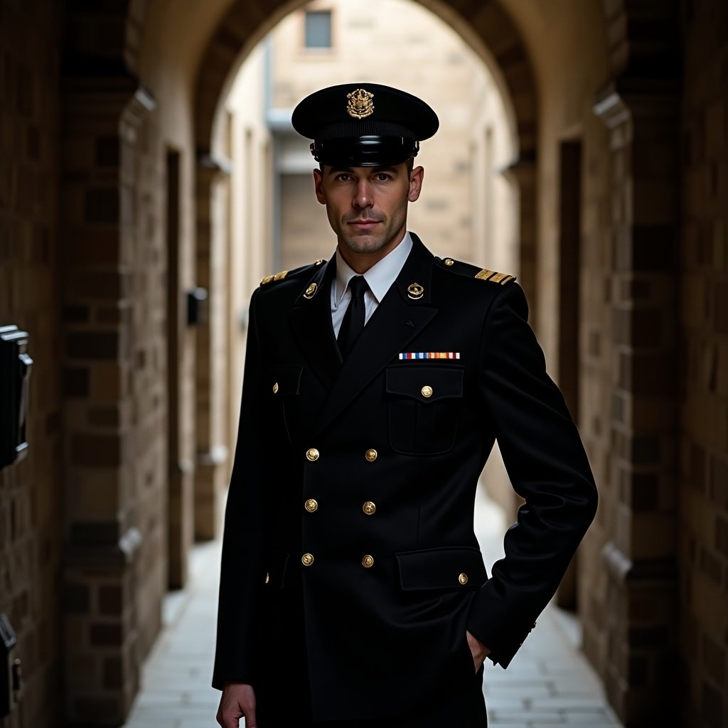 The image depicts a warden standing confidently in a narrow stone corridor. He wears a sharp military-style uniform, characterized by its double-breasted front and polished look. The lighting is soft and dramatic, highlighting his figure while casting shadows along the walls. The architectural details of the corridor add a historic feel to the scene. Overall, the warden exudes an aura of authority and control in this striking composition.