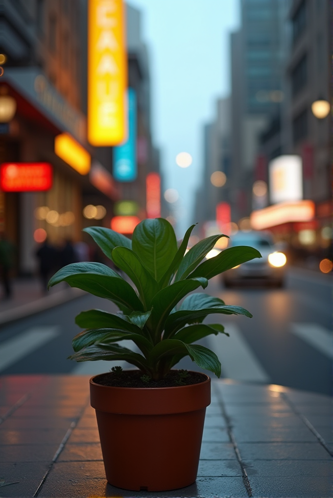 A potted plant sits on a tiled surface in a city street with bright neon signs in the background.