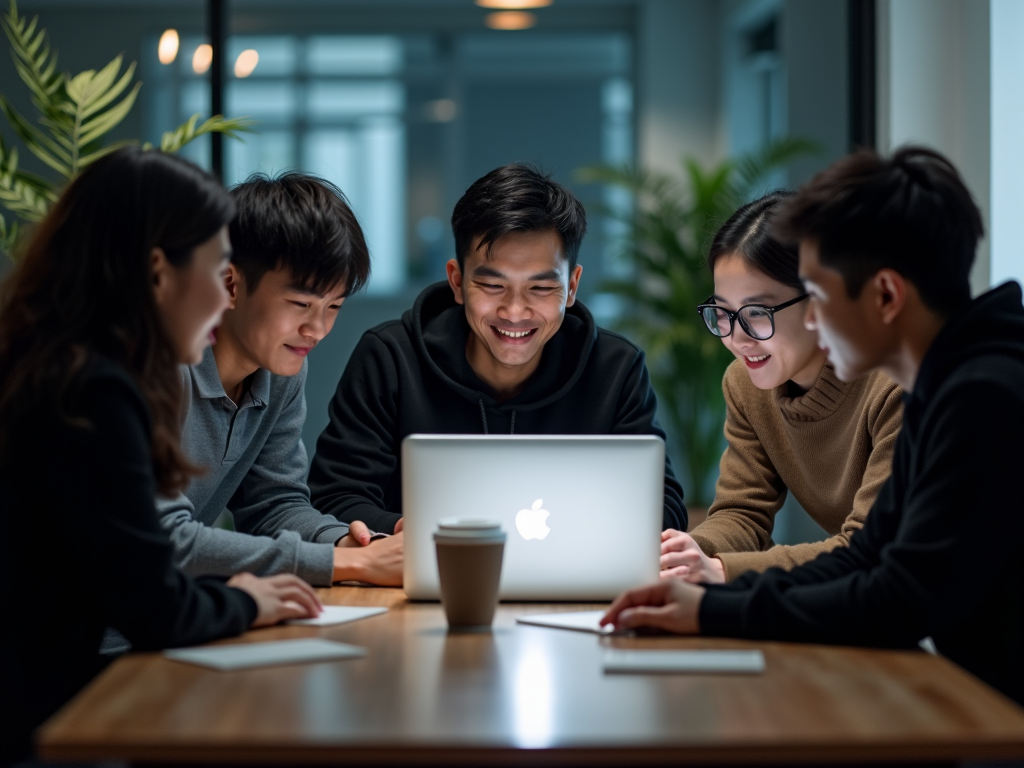 A group of five people gathered around a laptop, engaged in a collaborative discussion, emanating a focused yet relaxed atmosphere.