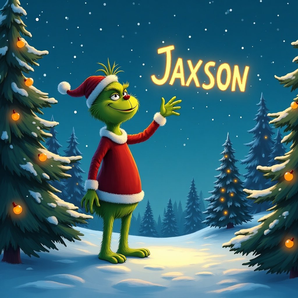 The Grinch stands in the snow surrounded by Christmas trees. The trees are decorated with lights. The Grinch writes Jaxson in the sky.