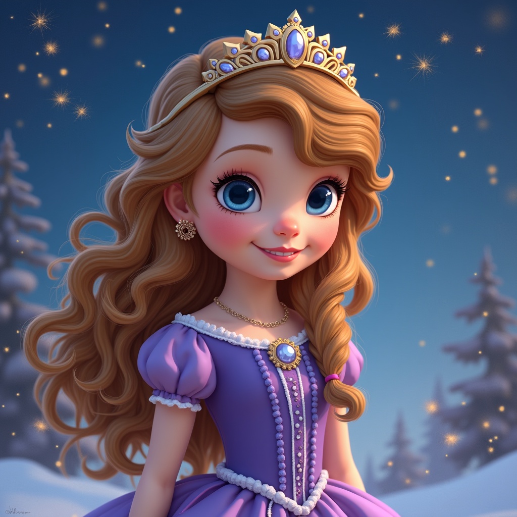 This image features a charming princess character with long, wavy blonde hair and large blue eyes. She is dressed in a beautiful purple gown adorned with sparkling details and wears a golden tiara. The background includes a snowy scene with trees and twinkling stars, creating a magical night atmosphere. In the sky, there are festive sparklers forming the name 'Sofia'. The princess has a gentle smile, embodying the spirit of joy and wonder typical of children's fairy tales. This enchanting scene is designed to evoke happiness and imagination in young viewers.