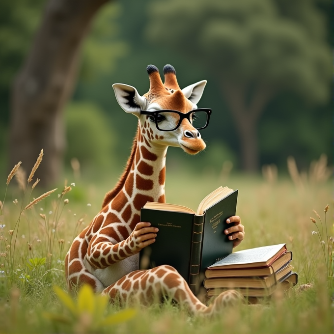 A giraffe wearing glasses is sitting in a field, reading a book.