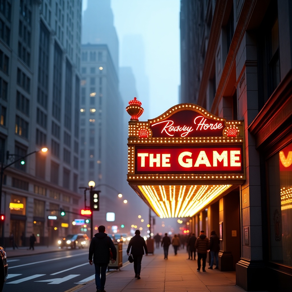 A street scene highlights a theater marquee on 5th Avenue. The marquee is bright with lights. Text displays 'Rocket Horse THE GAME'. The view captures an urban vibe with skyscrapers in haze. Fog adds mystique. Red and gold colors stand out against gray buildings.